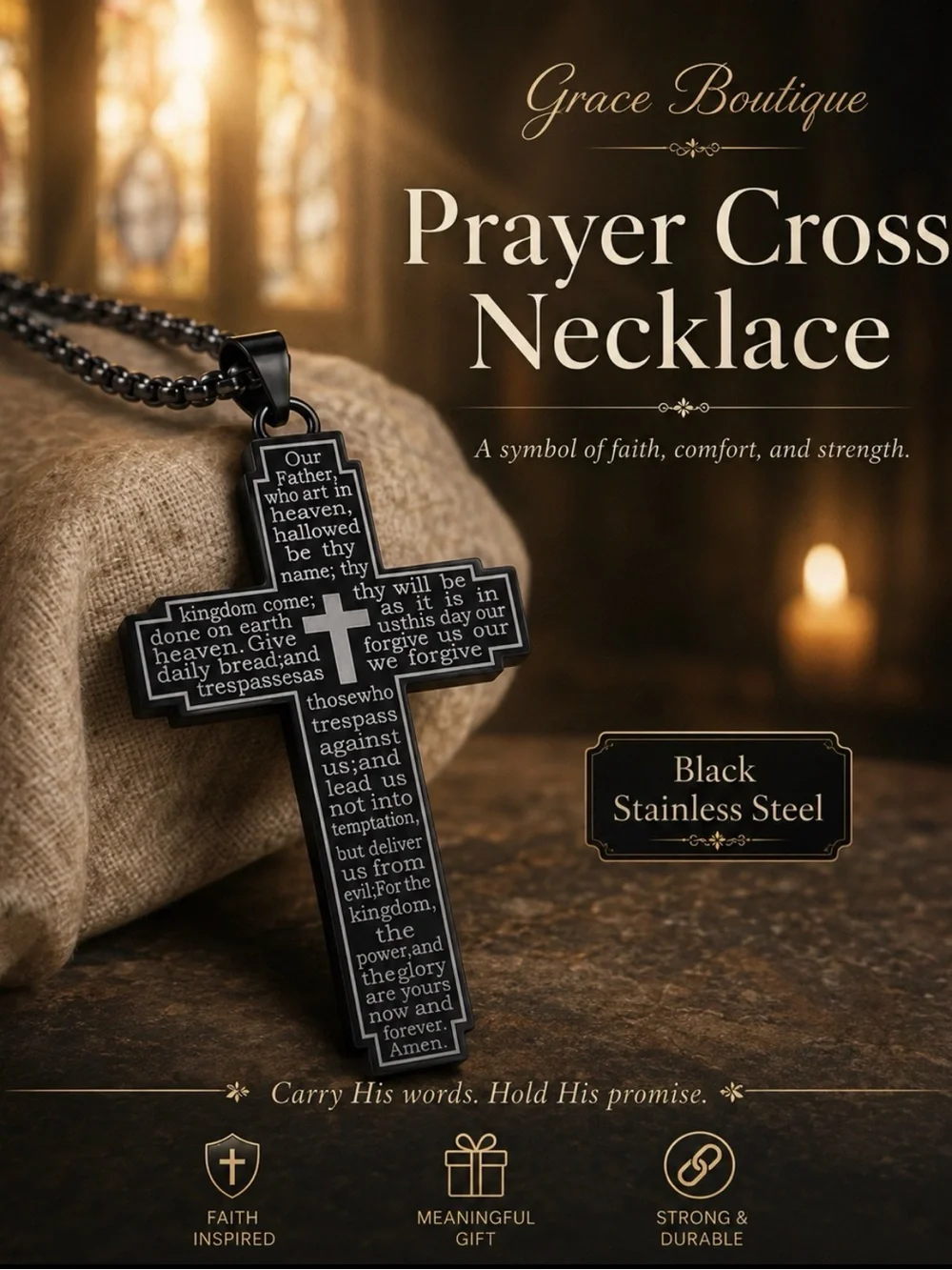 Grace Boutique Black Stainless Steel Cross Necklace